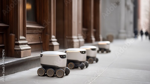 Autonomous delivery robots lined on a city sidewalk near building columns