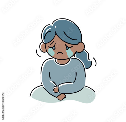 Young girl showcasing an expression of sadness. Her eyes glisten with tears with her arms crossed, conveying emotions of distress and vulnerability. Use of soft colors enhances her melancholic mood