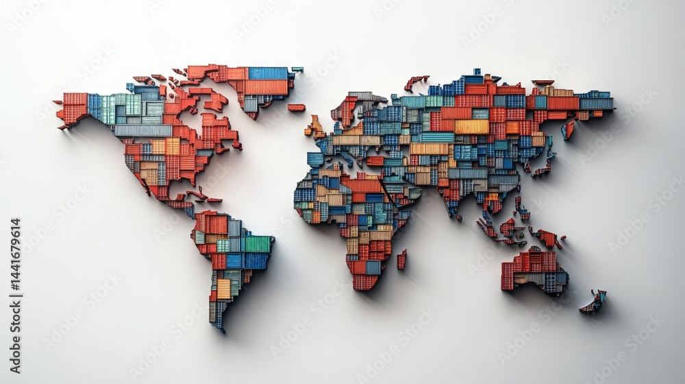 Obraz premium Global supply chain overview world map of shipping containers business infographic modern design aerial view logistics