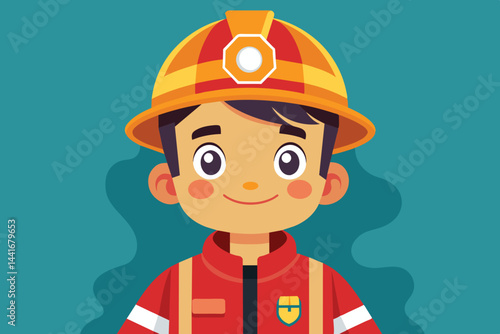 A young firefighter stands confidently, wearing a vibrant red uniform and a yellow helmet, perfect for inspiring adventures in fire safety.
