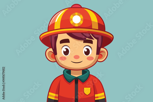A young firefighter stands proudly, wearing a bright red uniform and matching helmet. The friendly expression showcases a passion for firefighting and community service.