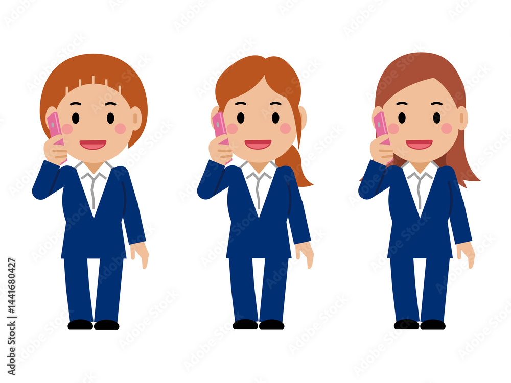 スマホで電話する紺色スーツの若い女性。その2 スマホで電話する紺色スーツの若い女性。その2