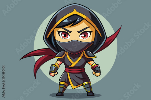 A stylized ninja stands ready for action, dressed in dark attire with red accents. The character exudes confidence with a determined expression and bold stance.