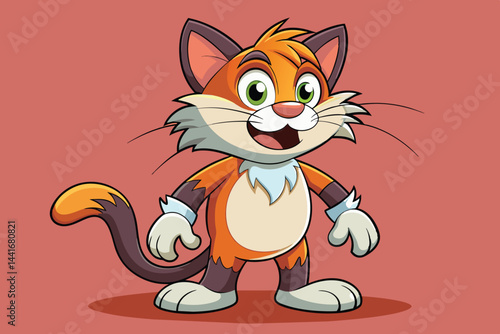 This playful animated cat character features bright orange fur and green eyes, standing cheerfully with an excited expression against a solid background.