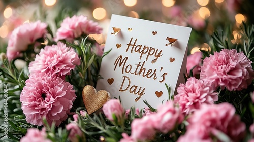 Happy Mother's Day card with pink carnations and gold hearts on greenery, soft blurred lights background in high-resolution professional style for social media content