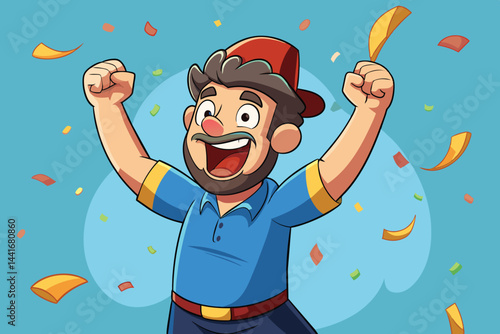 A cheerful cartoon character with a beard and a red hat raises his arms in celebration, surrounded by colorful confetti, embodying pure joy and excitement.