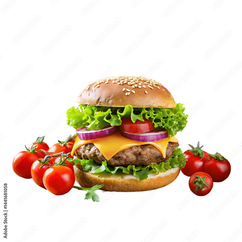 Gourmet burger with fresh lettuce, ripe tomatoes, crispy French fries, and refreshing salad for casual dining Gourmet burger with fresh lettuce, ripe tomatoes, crispy French fries, and refreshing salad for casual dining