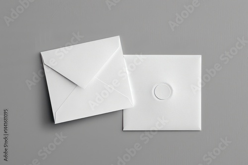 Two white envelopes on a flat gray surface, one opened showing the inside flap and the other sealed with a circular wax-like seal, minimalist and clean composition