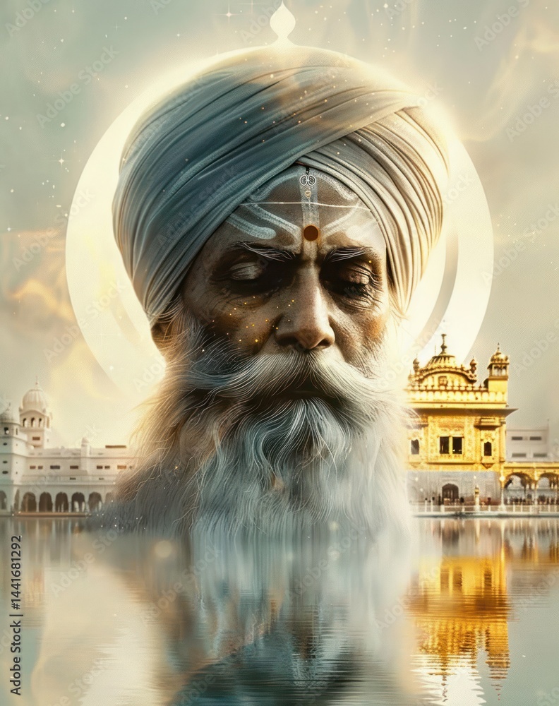 Serene portrait of a person wearing a white turban with a long beard in front of a reflective water surface showing historical golden and white buildings under a soft glowing sky