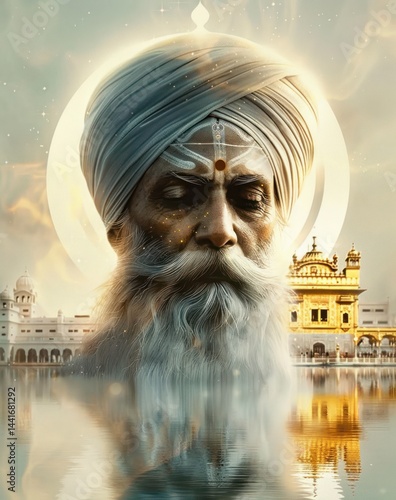 Obraz na płótnie Serene portrait of a person wearing a white turban with a long beard in front of a reflective water surface showing historical golden and white buildings under a soft glowing sky w salonie