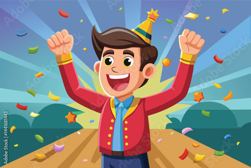 A cheerful young man wearing a party hat and festive attire celebrates enthusiastically with arms raised. Confetti surrounds him, creating a lively atmosphere during a joyful event.
