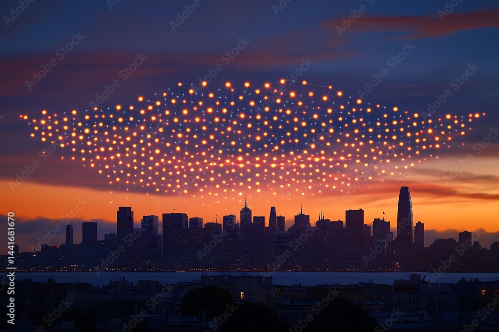 High angle view of buildings against sky during sunset