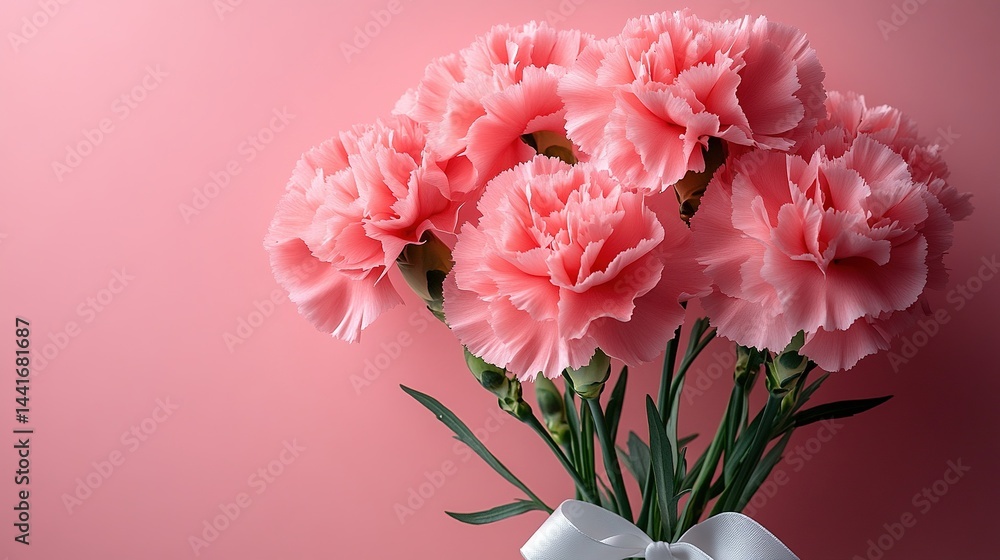 Pink carnation bouquet with white ribbon on light red background, full bloom flowers with elegant ruffled petals and space for text, symbolizing Mother's Day love Pink carnation bouquet with white ribbon on light red background, full bloom flowers with elegant ruffled petals and space for text, symbolizing Mother's Day love