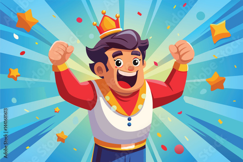 A cheerful cartoon character in a crown celebrates with raised fists, surrounded by stars and confetti, embodying happiness and success in a playful scene.
