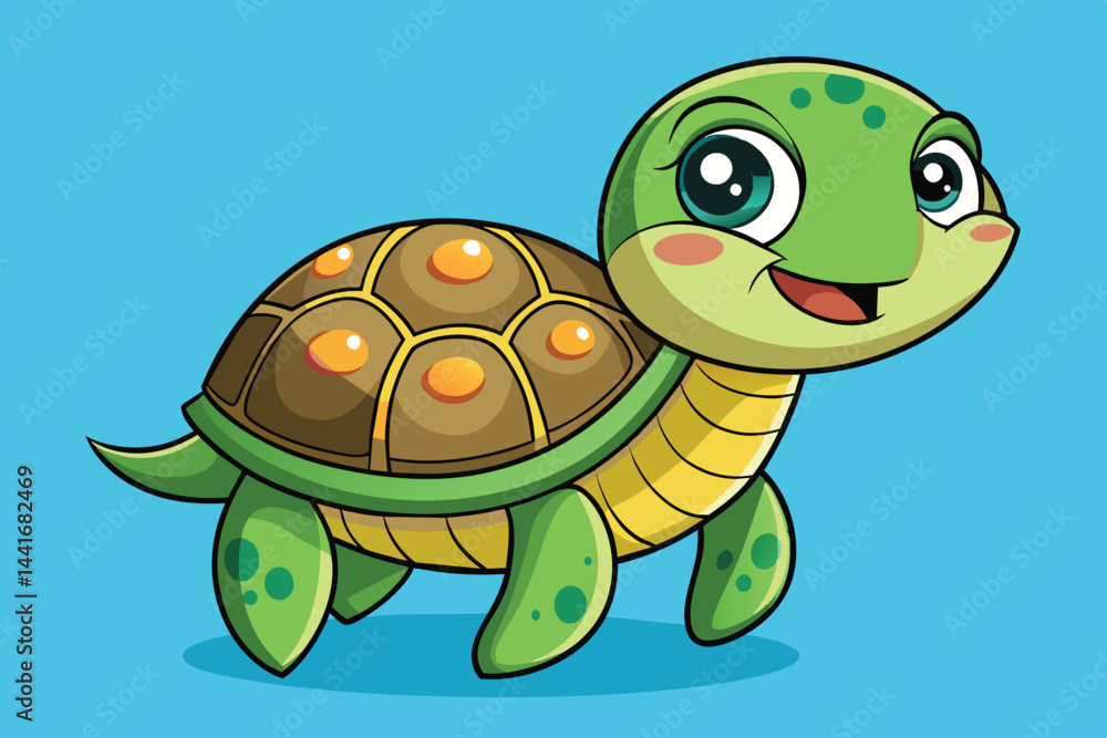 Fototapeta premium A cheerful cartoon turtle stands on a bright blue background, featuring a friendly expression with large eyes and vibrant colors, perfect for children's content.