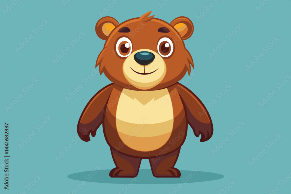 Fototapeta premium A cartoon bear smiles warmly while standing upright with outstretched arms against a vibrant turquoise background, evoking a sense of joy and friendliness.