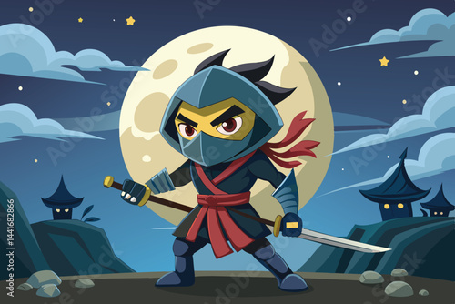 A confident ninja brandishes a sword, poised against a backdrop of mountains and a bright moon. The atmosphere is filled with mystery and adventure, indicating readiness for a challenge.