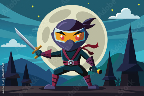 A confident ninja character grips a sword while standing against a backdrop of mountains and tall trees, illuminated by a bright full moon.