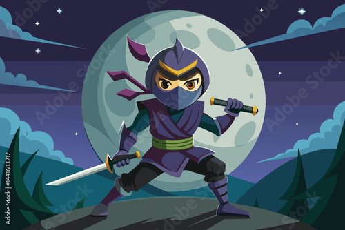 A determined ninja, clad in traditional attire, grips a sword while poised on a rocky surface. The full moon and dark, starry sky create an intense atmosphere, surrounded by trees.