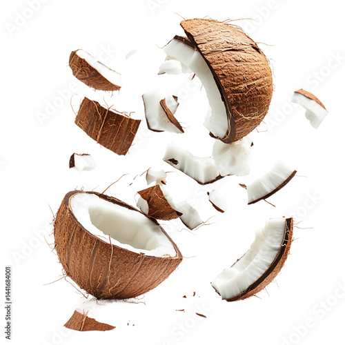 Crashed broken coconut flying or floating. Falling pieces of coconut, isolated [Transparent Background PNG]. 