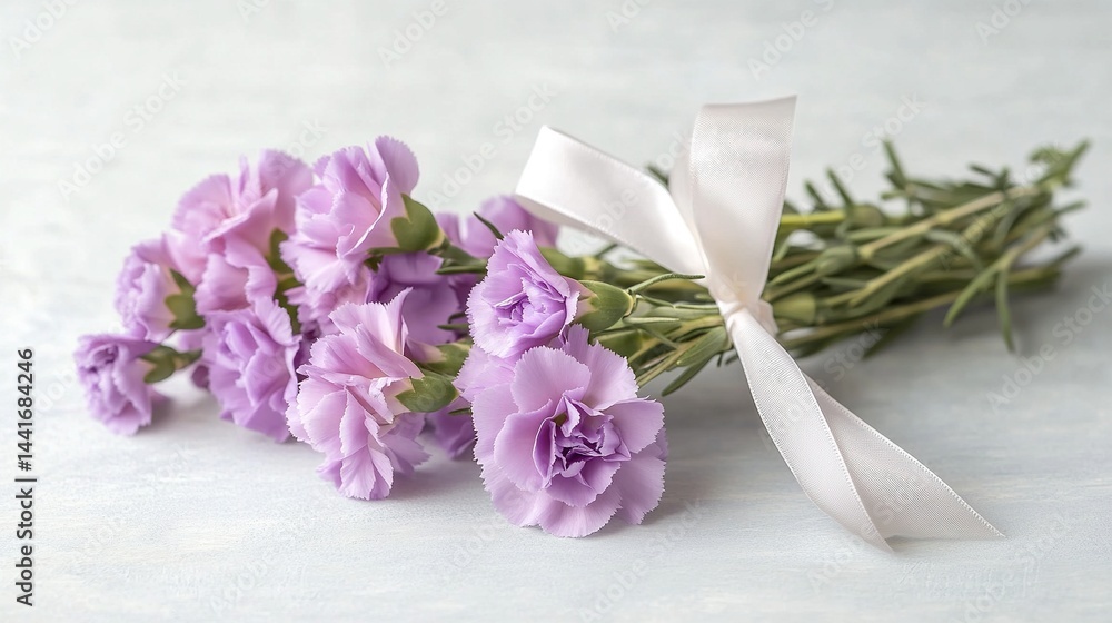Obraz premium Purple carnation bouquet with white ribbon on light blue background, artfully arranged with lavender accents and delicate petals for Mother's Day gifts and romantic decor.