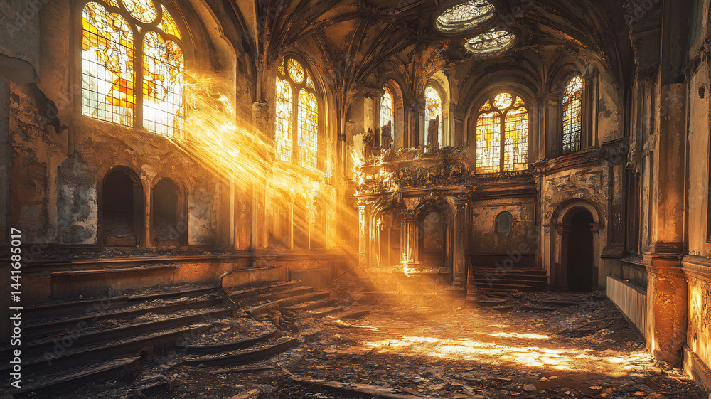 Fototapeta premium Old medieval abandon stain-glass god's love sanctuary cathedral window. Sunli gothic scenery church abstract. Sumbeam illuminating old cathedral window labyrinth church silhouette 