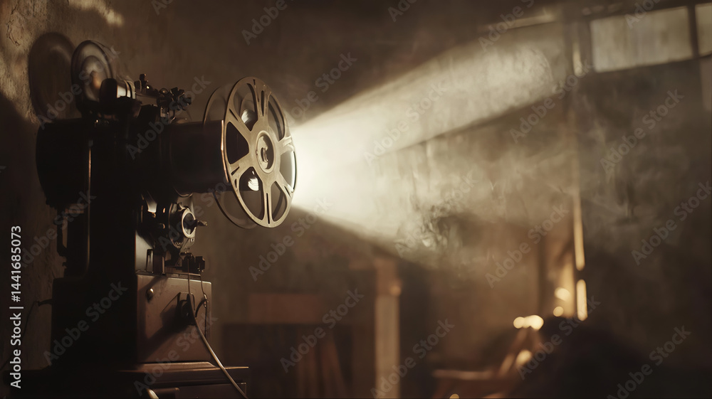 Fototapeta premium Vintage moviemaking, film casting, Oscars ceremony movie film invitation. film casting old projector screen. Old movie projector movie background, old projector screen film location darkroom