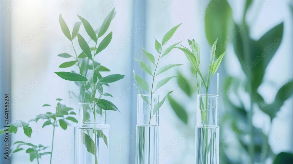 Fototapeta premium a harmonious arrangement of verdant flora in crystalline tubes,