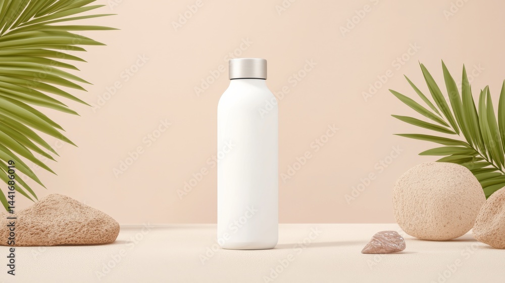 Minimalist Reusable Water Bottle Surrounded by Natural Elements on Soft Pastel Backdrop Minimalist Reusable Water Bottle Surrounded by Natural Elements on Soft Pastel Backdrop