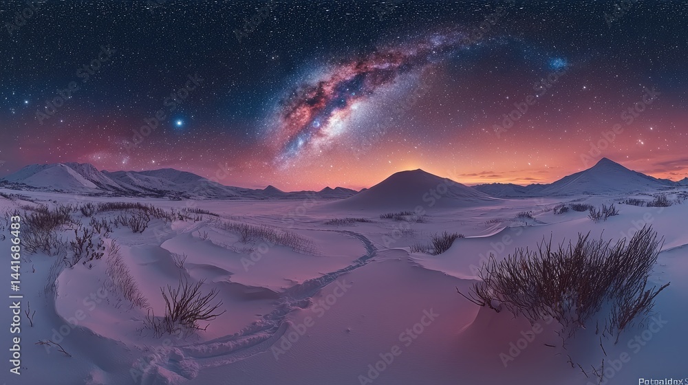 Milky Way core, starry sky, snowy landscape.
