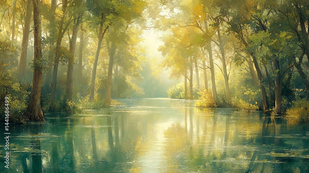Serene morning sunlight streams through a tranquil forest river. Peaceful nature scene for calm backgrounds Serene morning sunlight streams through a tranquil forest river. Peaceful nature scene for calm backgrounds
