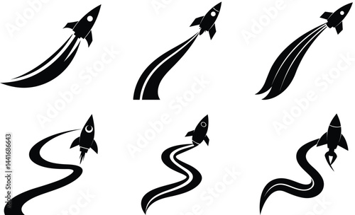 Rocket with Spiral Trail Silhouette Vector Set – Dynamic Space Flight Icons Collection