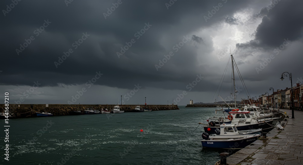 Fototapeta premium Boats Docked in Harbor Under Dramatic Cloudy Sky Landscape