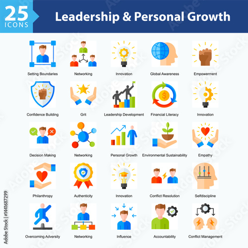 Leadership & Personal Growth is a collection of icons in sheet format illustrating self-development, leadership, decision-making, and global and social awareness throughout personal growth journeys.