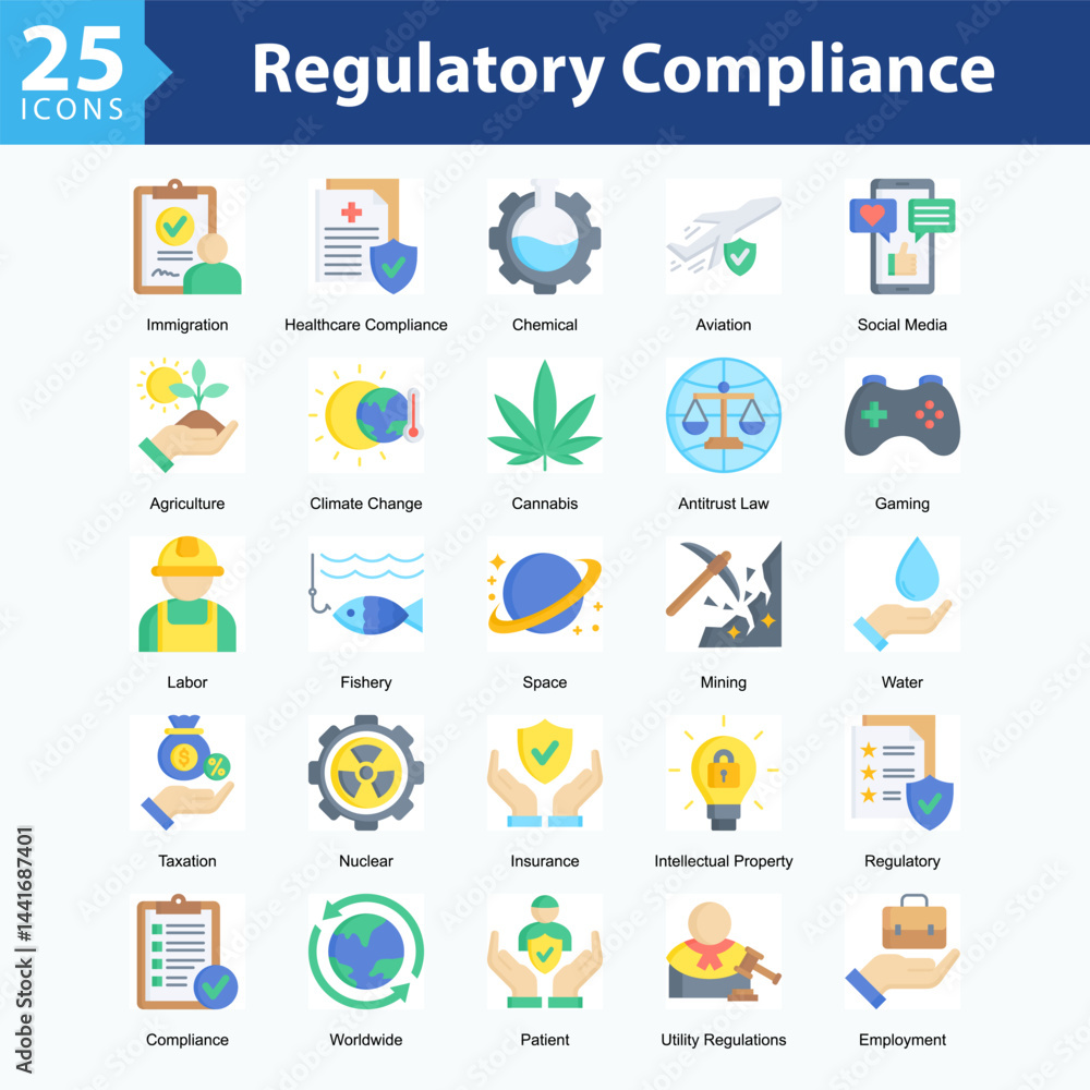 Regulatory Compliance is a collection of icons in sheet format illustrating international regulations, industry compliance, and oversight across sectors like health, energy, and technology. Regulatory Compliance is a collection of icons in sheet format illustrating international regulations, industry compliance, and oversight across sectors like health, energy, and technology.