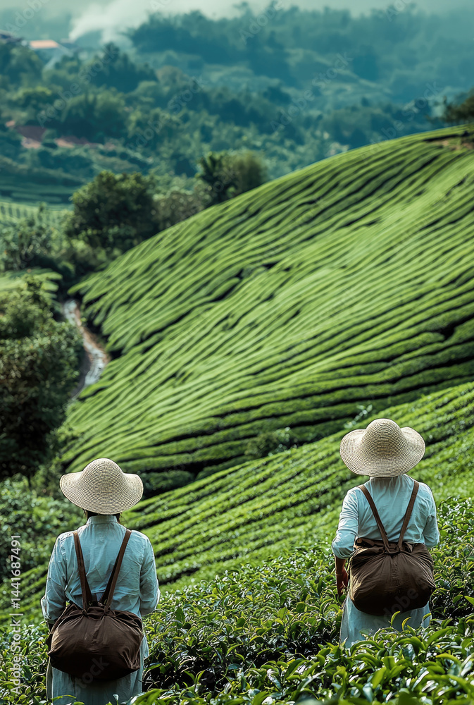 In the green tea fields of China, two women in white and light blue with hats were picking tea leaves on their backs. The distant view was rolling hills covered with lush tea trees.