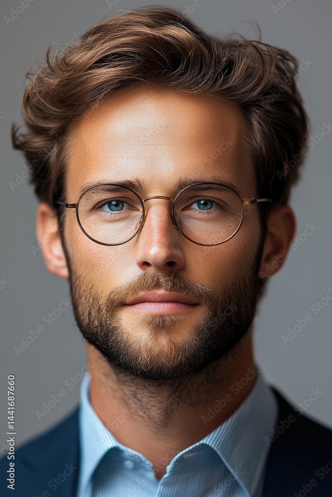 A business young European men, light gray background.