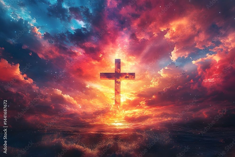 Fototapeta premium Cross with ethereal sunset background