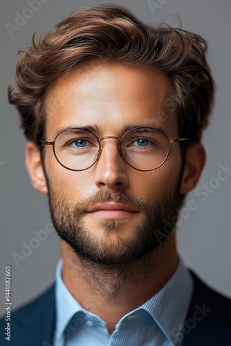 A business young European men, light gray background.