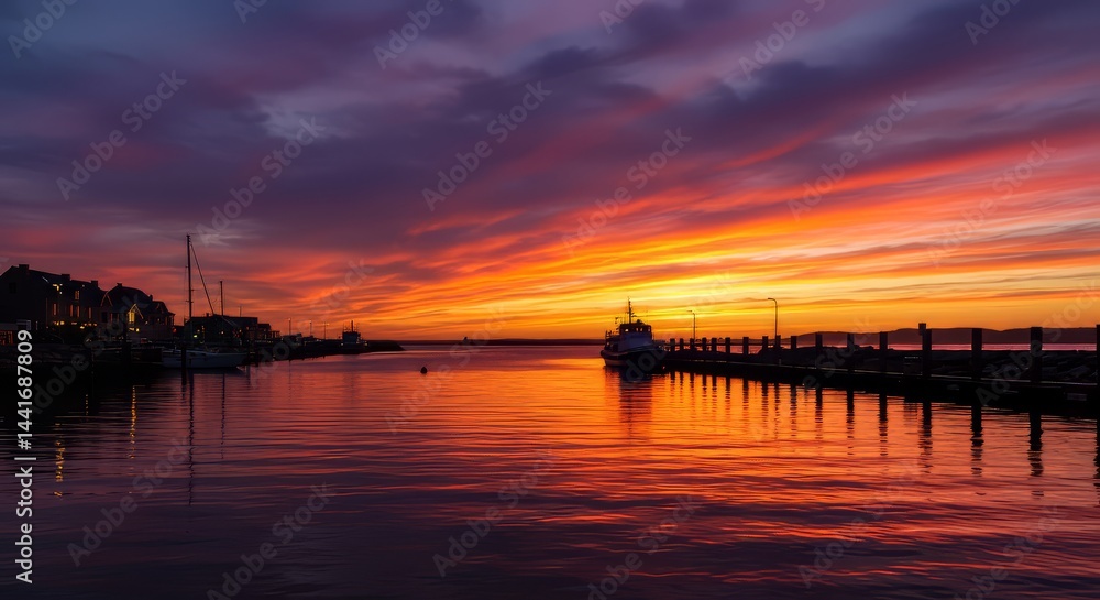 Colorful Sky at Sunset Reflected on Water Near Dock and Boats Colorful Sky at Sunset Reflected on Water Near Dock and Boats