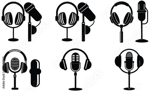 Studio Microphone with Headphones Vector Silhouette Collection: Pro Audio Recording Icons