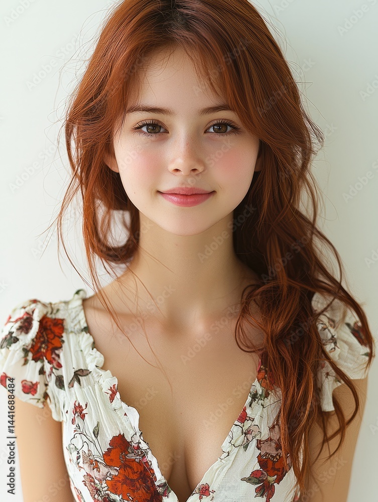 Smiling redhead Korean teenage girl in summer dress, white background.