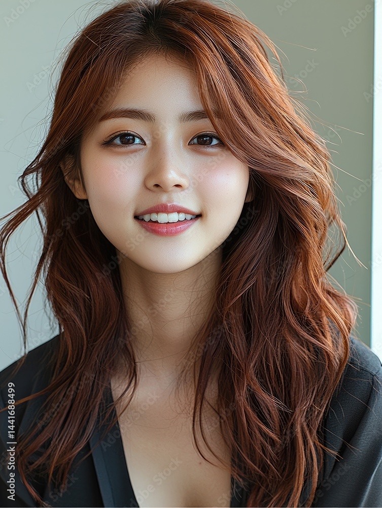 Smiling redhead Korean teenage girl in summer dress, white background.