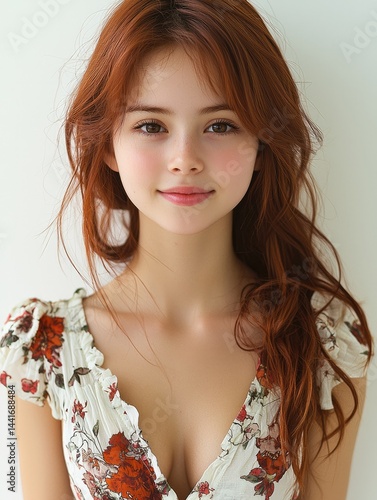 Obraz na płótnie Smiling redhead Korean teenage girl in summer dress, white background. w salonie