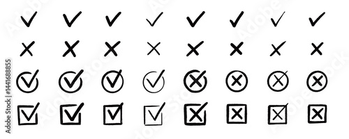 Check the mark icon set. Hand drawn doodle checklist correct, cross, ok vote sign element. Hand drawn brush stroke check mark with box, circle symbol icon set. Vector illustration