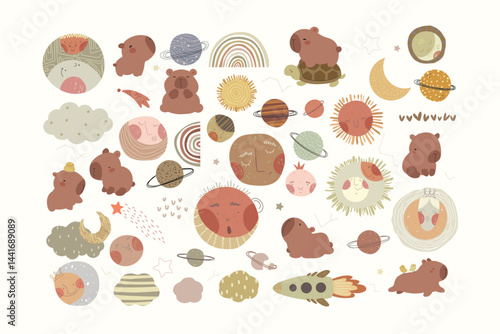 Cute hand drawn capybaras, planets, stars, space sheap, clouds and moon, set. Vector illustrtion with diffferent cartoon planets and animals.
