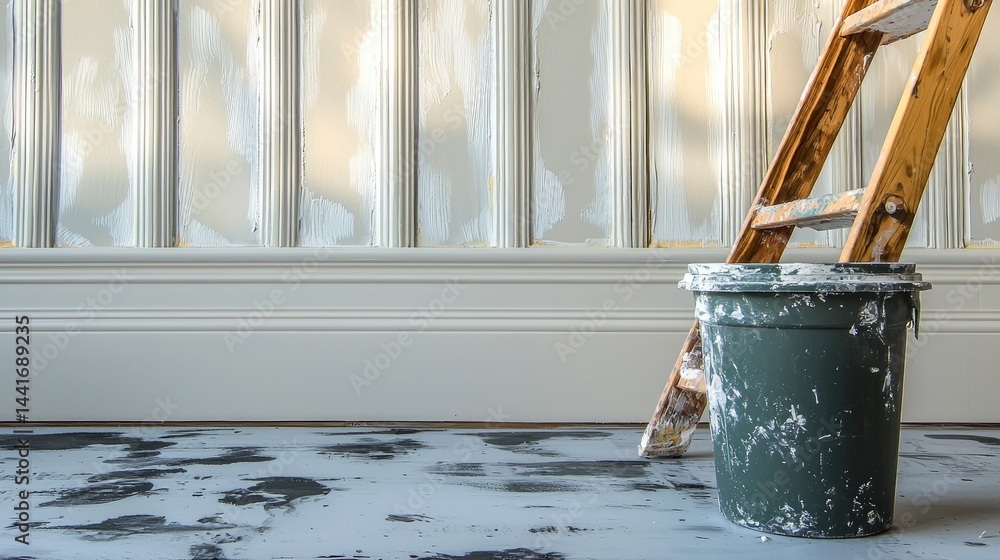 Indoor, a white wall being painted, The decoration style is old timeworn Chinese architecture a dark green paint bucket on the ground.