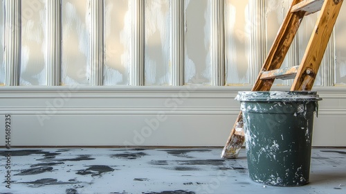 Obraz na płótnie Indoor, a white wall being painted, The decoration style is old timeworn Chinese architecture a dark green paint bucket on the ground. w salonie