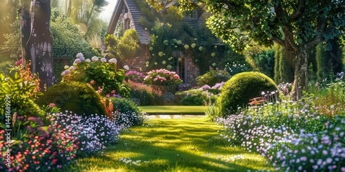 Sunlit lush garden pathway leading to a quaint stone cottage surrounded by vibrant flowers, trimmed bushes, and tall trees, evoking a peaceful and inviting atmosphere