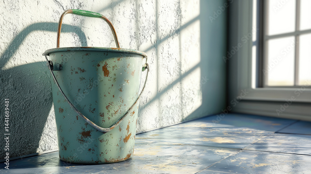 Indoor, a white wall being painted, The decoration style is old timeworn Chinese architecture a dark green paint bucket on the ground.